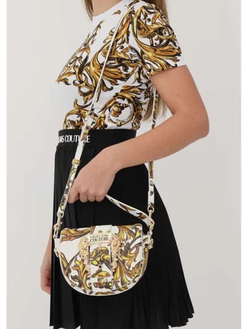 New Versace Jeans Collection White & Gold Baroque Print Crossbody Bag